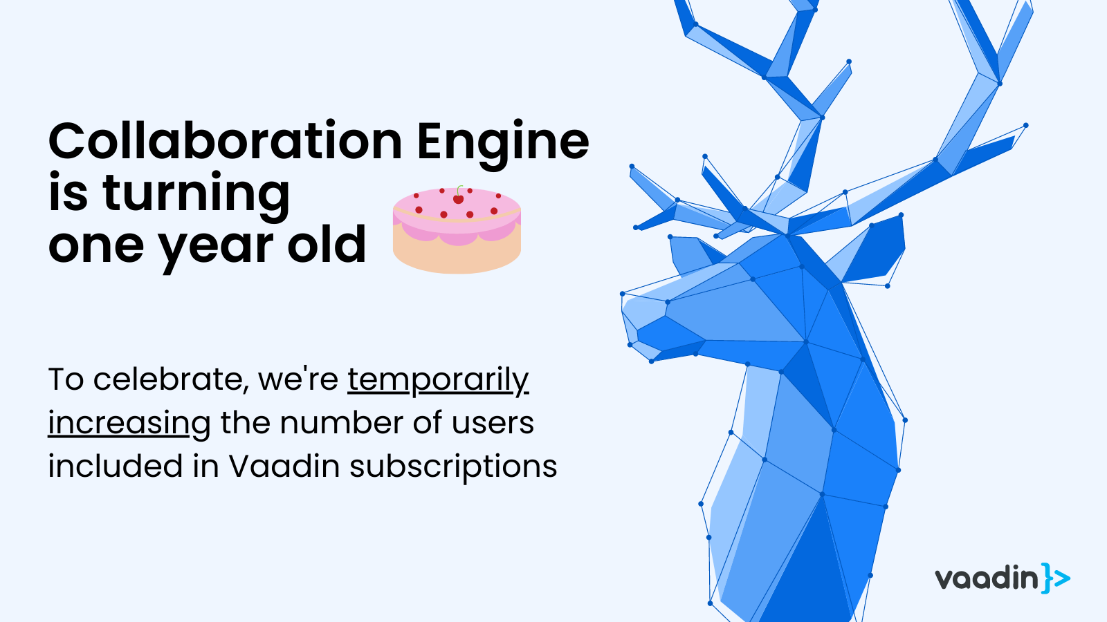 Featured image with Vaadin reindeer and celebrating collaboration engine turning one years old. 